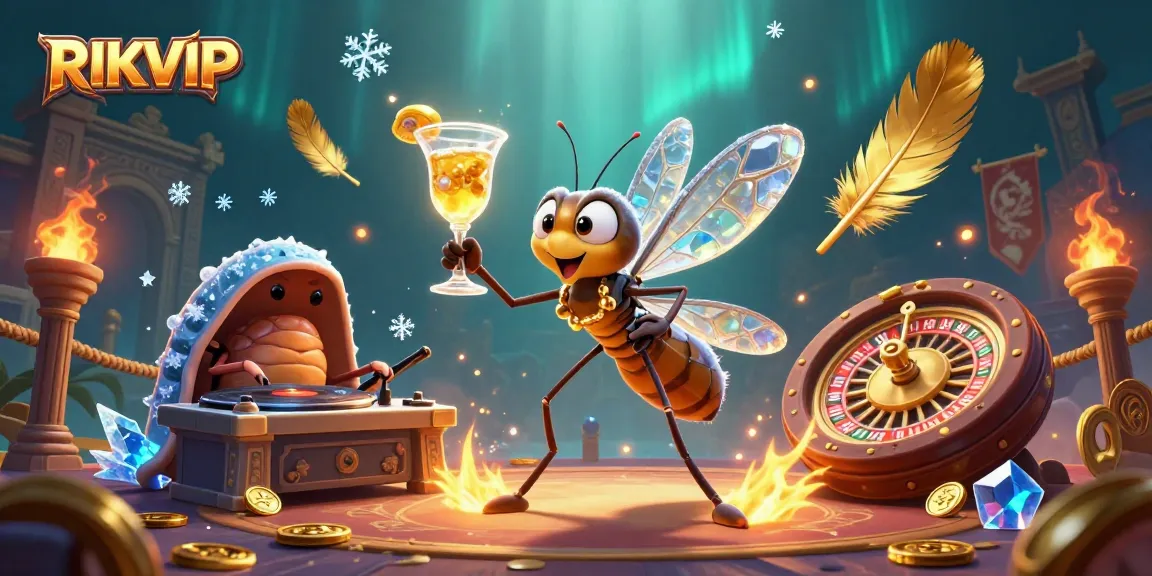 Experience the vibrant casino world of RIKVIP with dynamic characters and rich elements in this 3D illustration.
