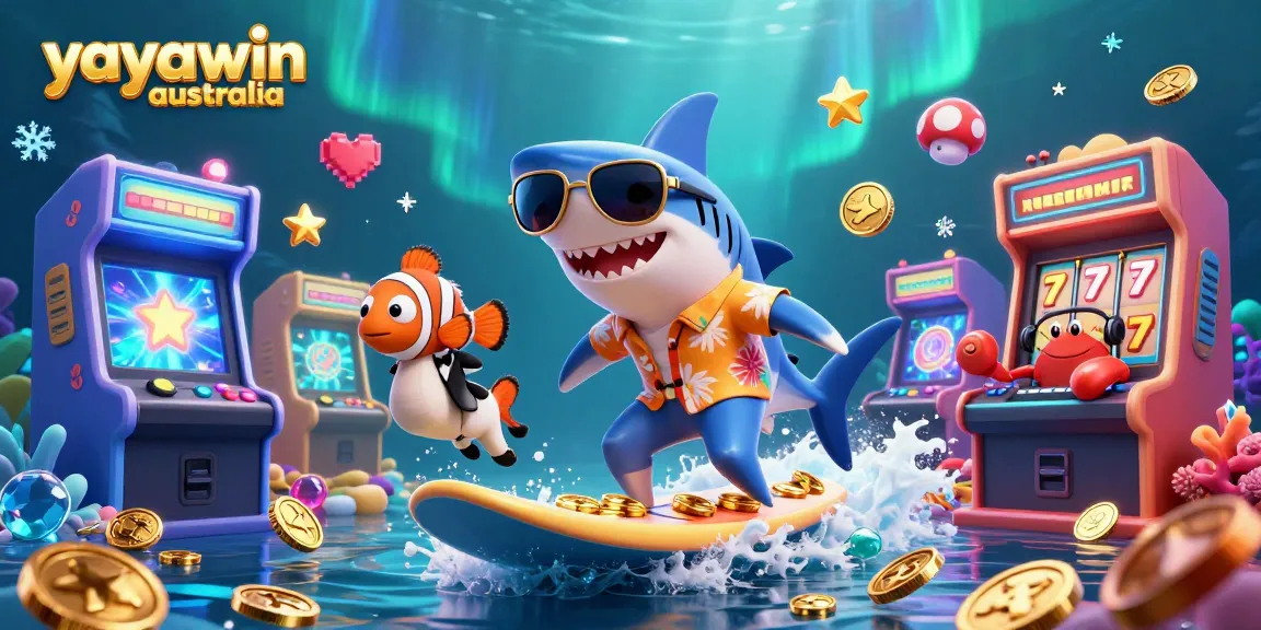 Experience thrill with yayawin australia, featuring a shark and friends amidst vibrant gaming elements.