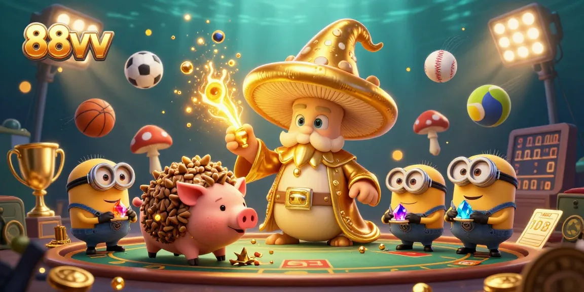 Experience the thrill of winning with 88vv's golden wizard turning treasures into gold, amidst dynamic sports elements.