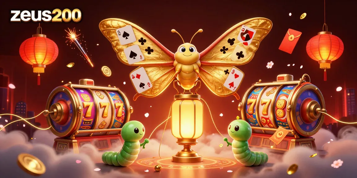 Zeus200 menampilkan ilustrasi kasino dengan kupu-kupu raksasa dan simbol keberuntungan yang bersinar.