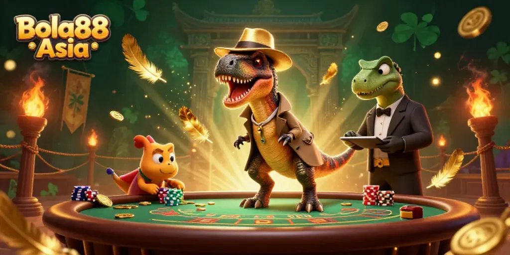 Bola88 Asia showcases a thrilling scene with a velociraptor card counter at a blackjack table amidst a vibrant casino atmosphere.