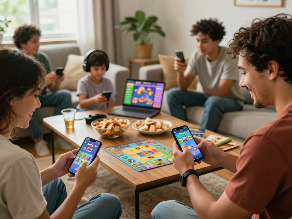 Exciting Rumble Rummy gameplay scene with players enjoying a mobile gaming experience in a cozy setting.