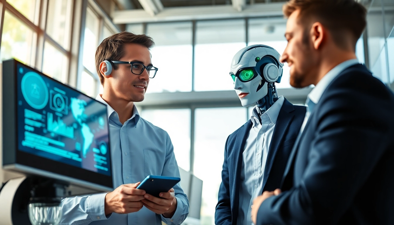 AI agents efficiently managing tasks in a modern office environment with digital technology.