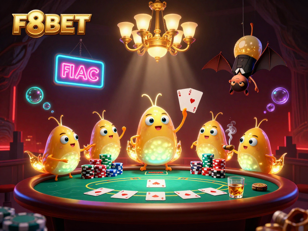 Engage in thrilling poker at F8BET with vibrant glowworm casino lighting and a bat dealer.
