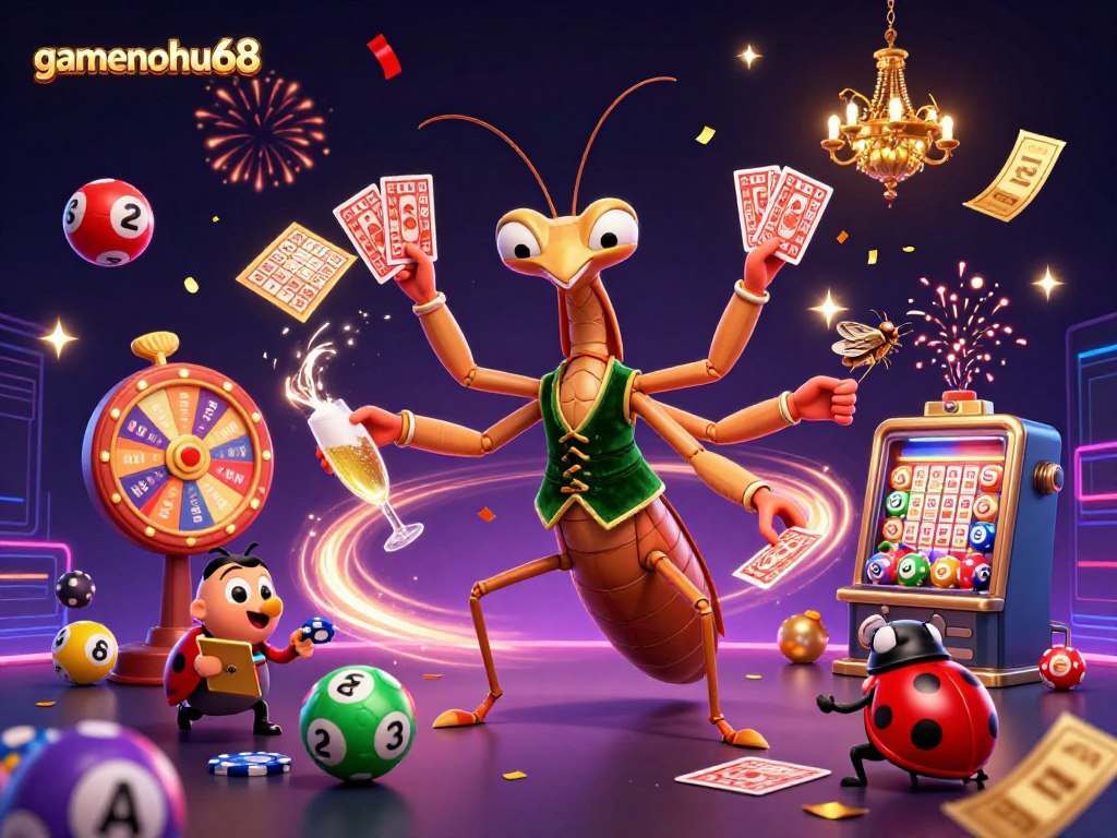 Join gamenohu68 for an exciting casino adventure with vibrant colorful lottery balls and animated characters.