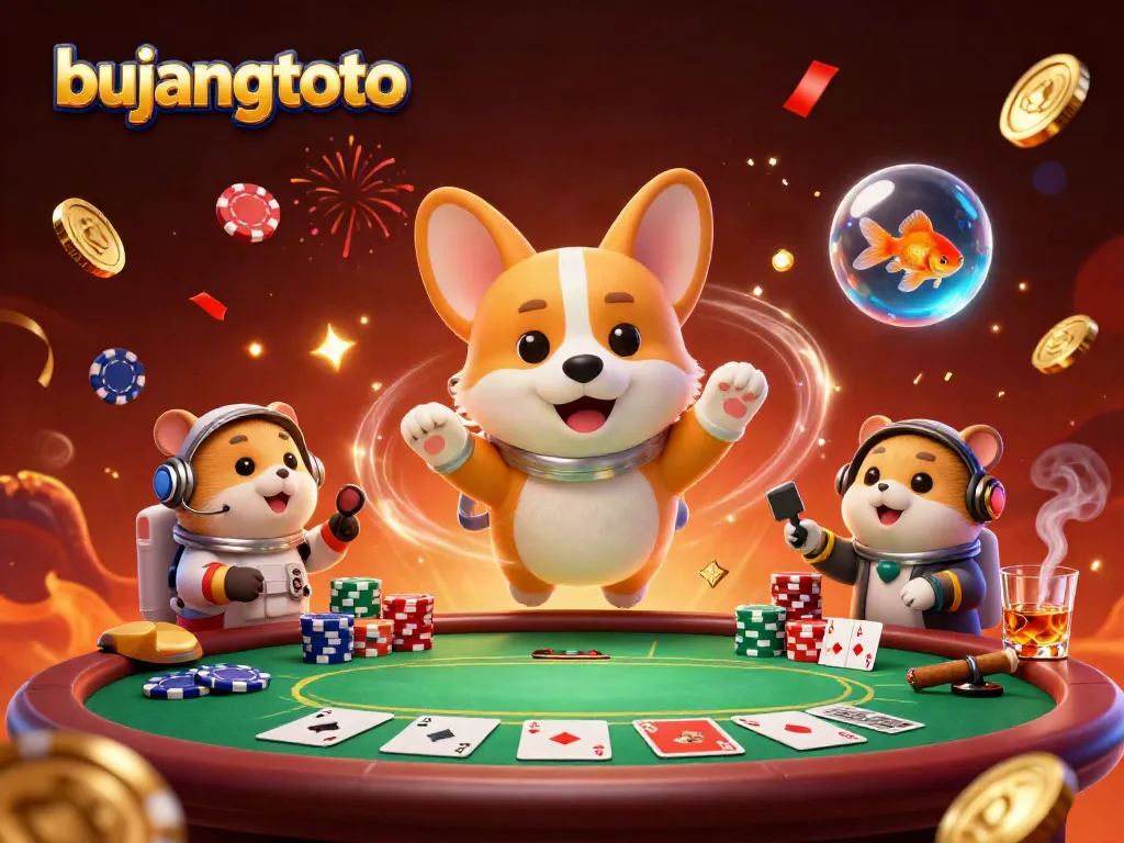 Play exciting games at Bujangtoto with an engaging space casino scene featuring cute characters.