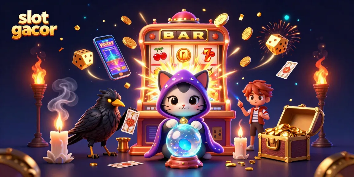 Raih kemenangan besar di slot gacor dengan ilustrasi menggugah semangat dari kucing misterius dan burung gagak.