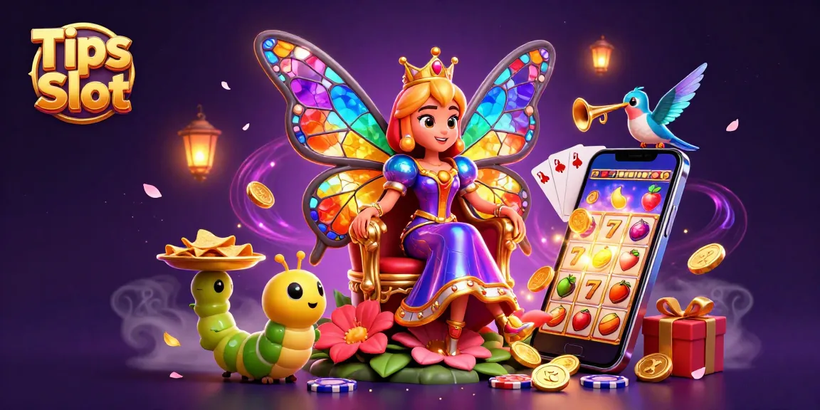 Experience the excitement of Tips Slot with our illustrated scene capturing a butterfly queen amidst vibrant slot game elements.