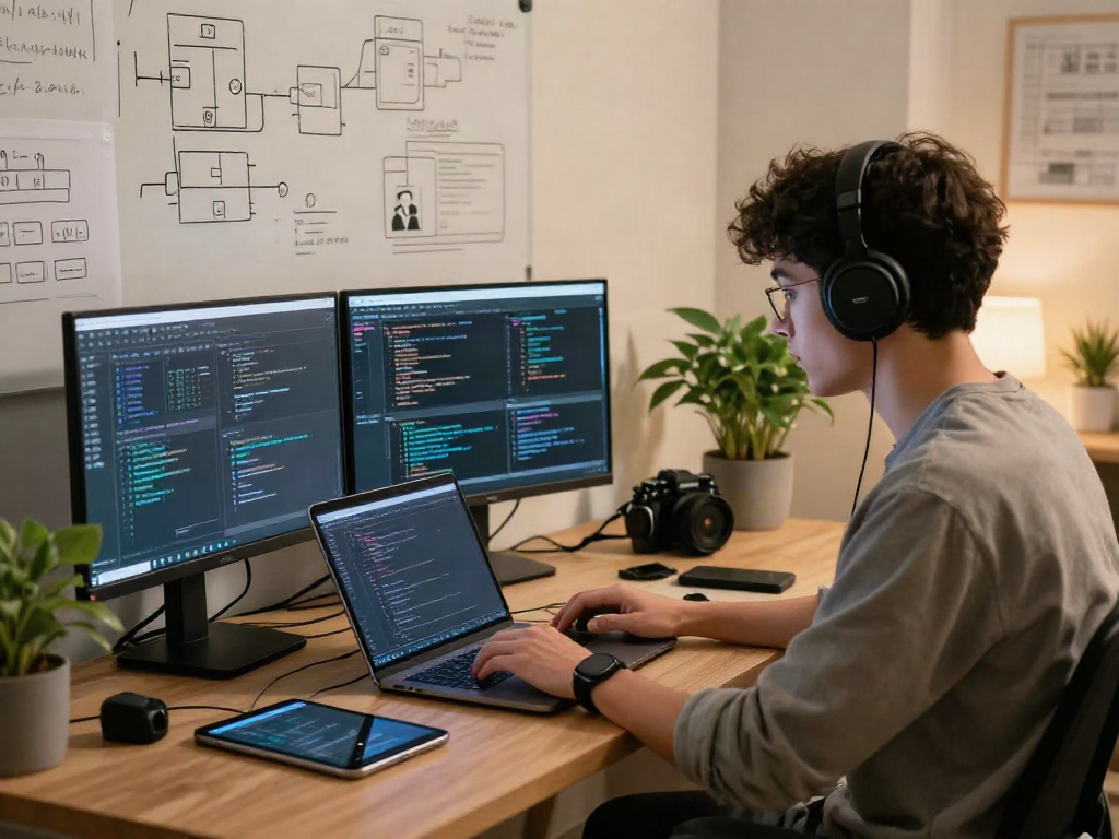 Developer coding in modern workspace while using pikashow apk download for app testing.