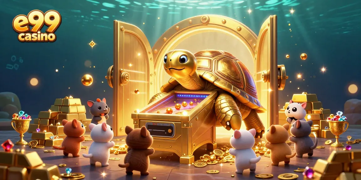 Play exciting games at e99 casino, featuring a vibrant casino scene with magical treasures.