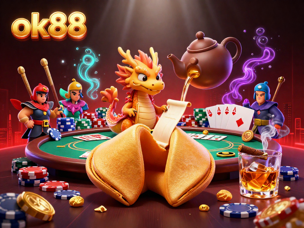 Engage in thrilling gameplay with ok88's colorful casino illustration featuring a dragon, chips, and cards.