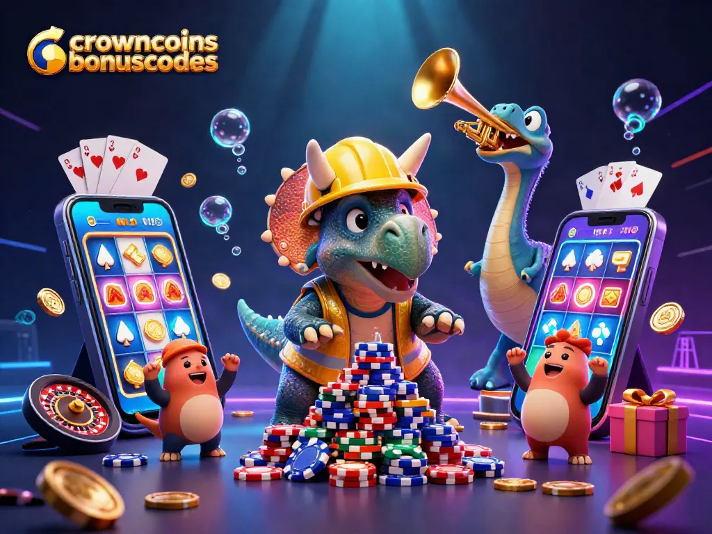 Engage with crowncoinsbonuscodes as a 3D triceratops builds poker chips in a vibrant casino world.