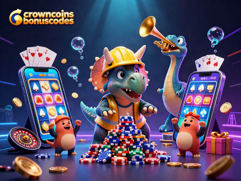 Engage with crowncoinsbonuscodes as a 3D triceratops builds poker chips in a vibrant casino world.