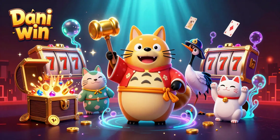Dhani win offers vibrant slots and games, featuring a cheerful tanuki and lucky symbols in a festive scene.