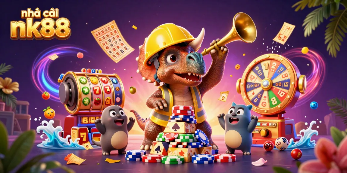 Engage in thrilling gameplay with nhà cái nk88, featuring vibrant casino elements and festive characters.