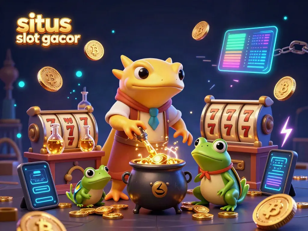 Experience the magic of situs slot gacor with a golden alchemist transforming base metals into coins in a vibrant casino scene.