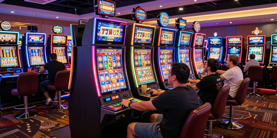 Players celebrating wins at vibrant slot 777 machines in a lively casino.