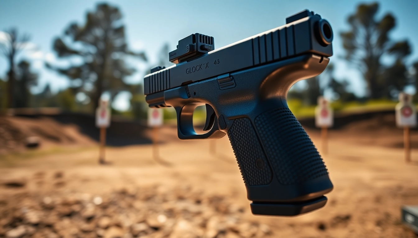 Glock 43X MOS displayed prominently at a shooting range highlighting its features.