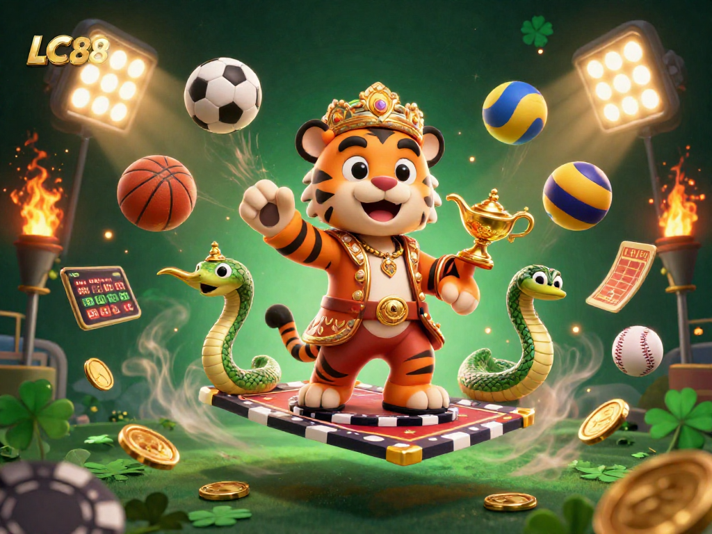 Experience exciting gameplay at LC88 with a vibrant 3D illustration of a sultan, gambling elements, and dynamic visuals.