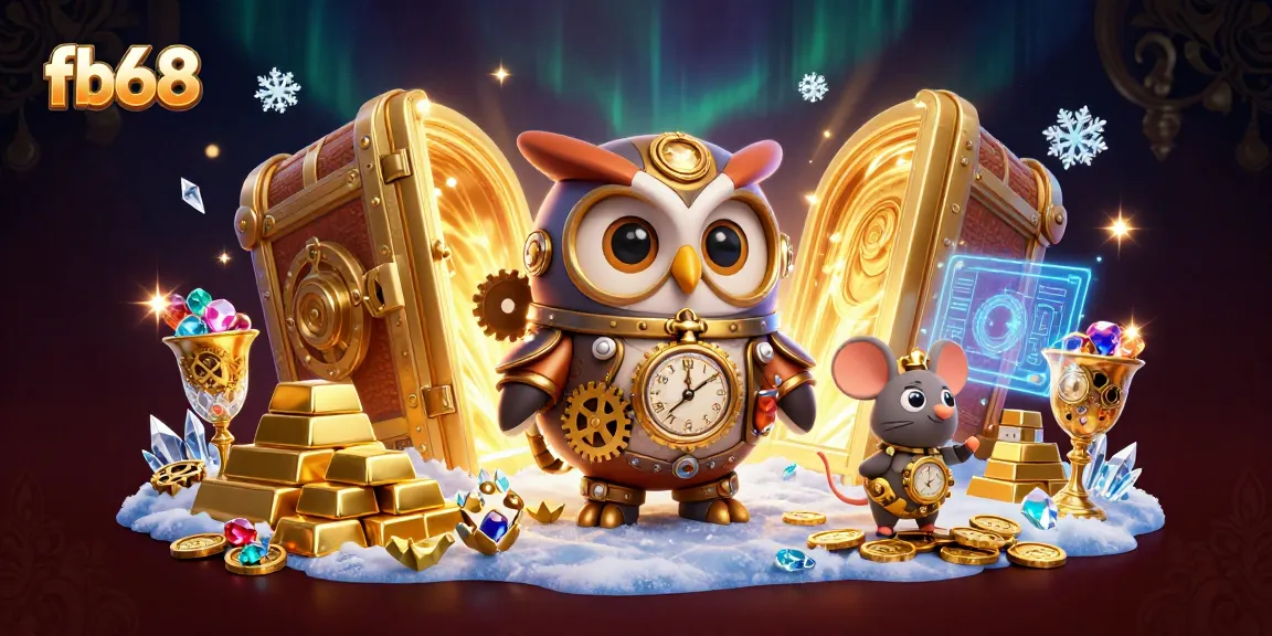 Spin big wins at fb68 with a captivating 3D illustration of casino elements and treasures.