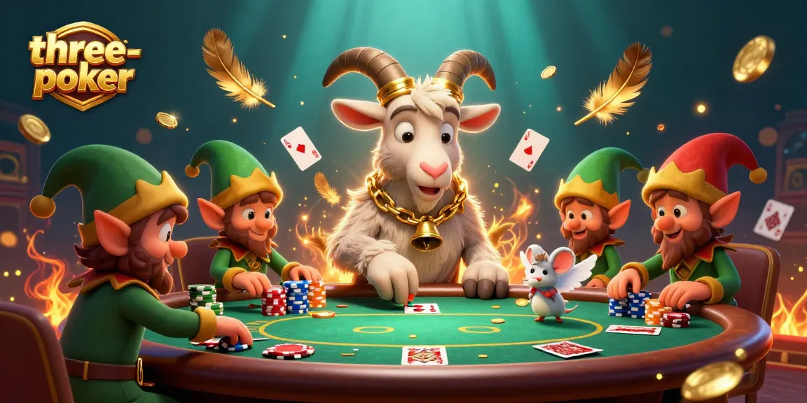 Exciting three-card-poker scene with cartoon characters at a vibrant poker table, showcasing engaging gameplay.