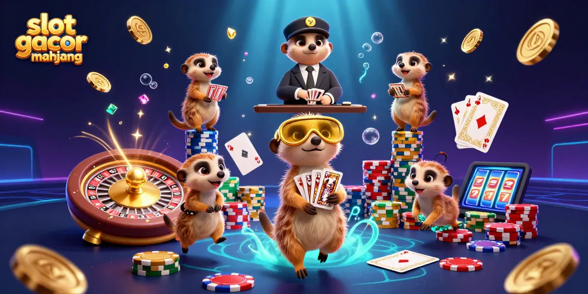 Play thrilling slot gacor mahjong with energetic meerkats managing a vibrant casino scene.