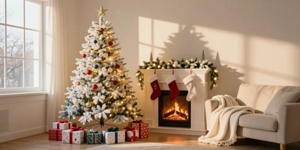 Artificial white Xmas trees beautifully decorated in a cozy holiday living room.