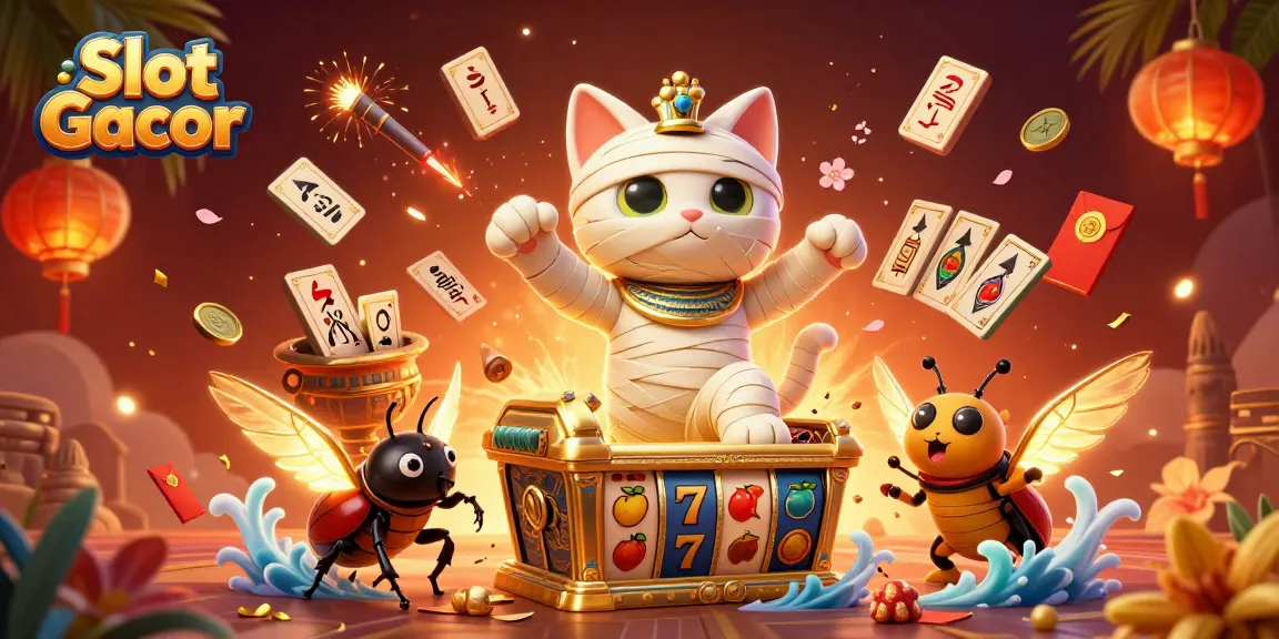Slot Gacor menampilkan kucing mummy Mesir di kasino dengan simbol keberuntungan.