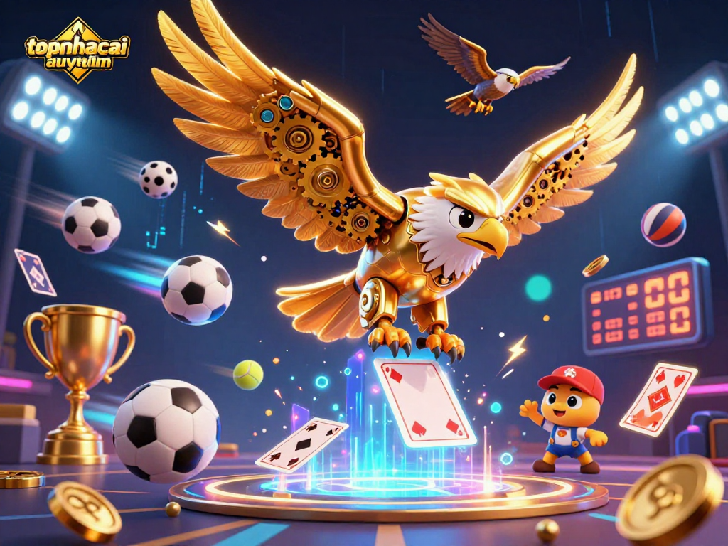 Immerse in the excitement of topnhacaiuytinn with a dynamic representation of a cybernetic golden eagle amidst sports elements.