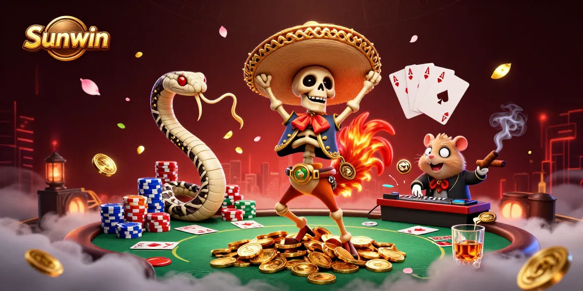 Sunwin players enjoy a lively casino scene with vibrant characters and poker elements.