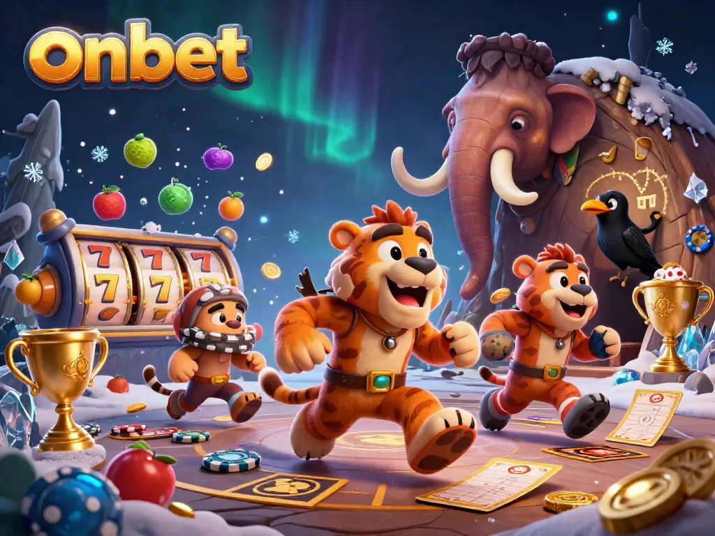 Experience onbet’s thrilling casino action with a caveman and sabertooth duo in a vibrant prehistoric setting.