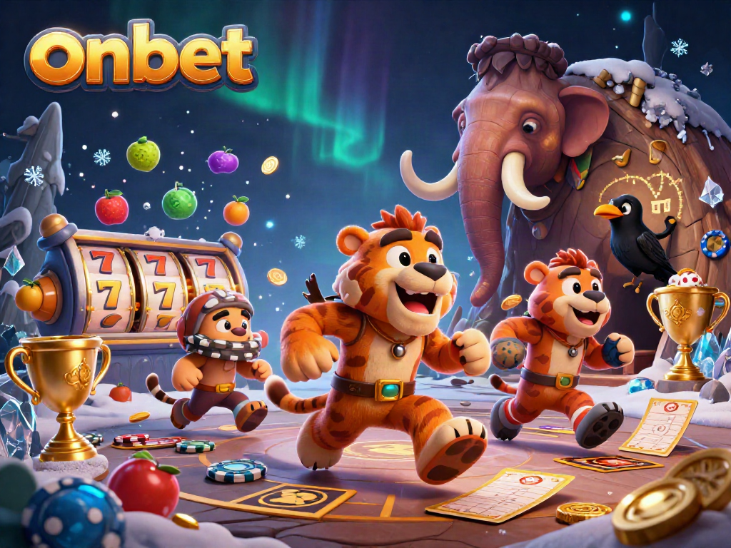 Experience onbet’s thrilling casino action with a caveman and sabertooth duo in a vibrant prehistoric setting.