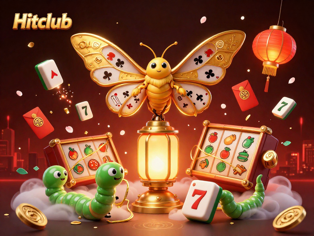 Experience the excitement of Hitclub with this vibrant, ultra-detailed casino illustration featuring a majestic moth and golden elements.