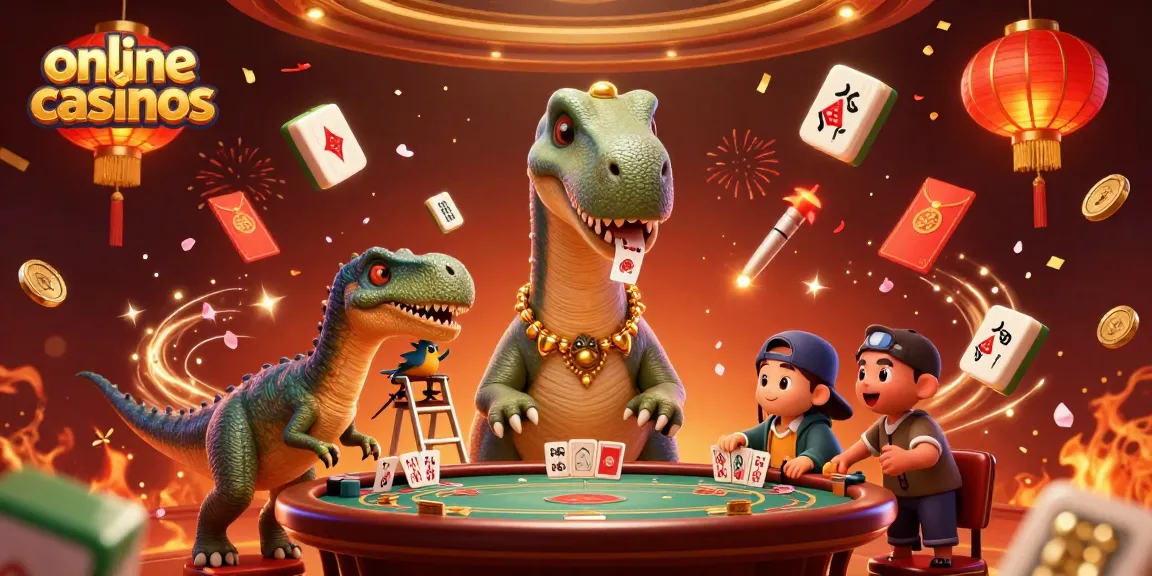 Players engaging at online casinos with brontosaurus and raptor dealer illustration