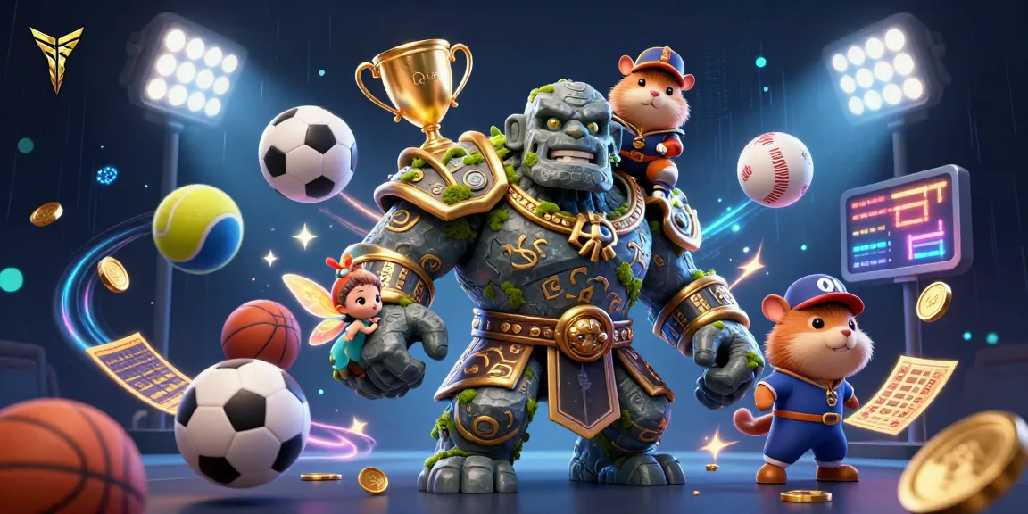Kobe sports betting scene with a magical golem, hamster knight, and flying sports elements