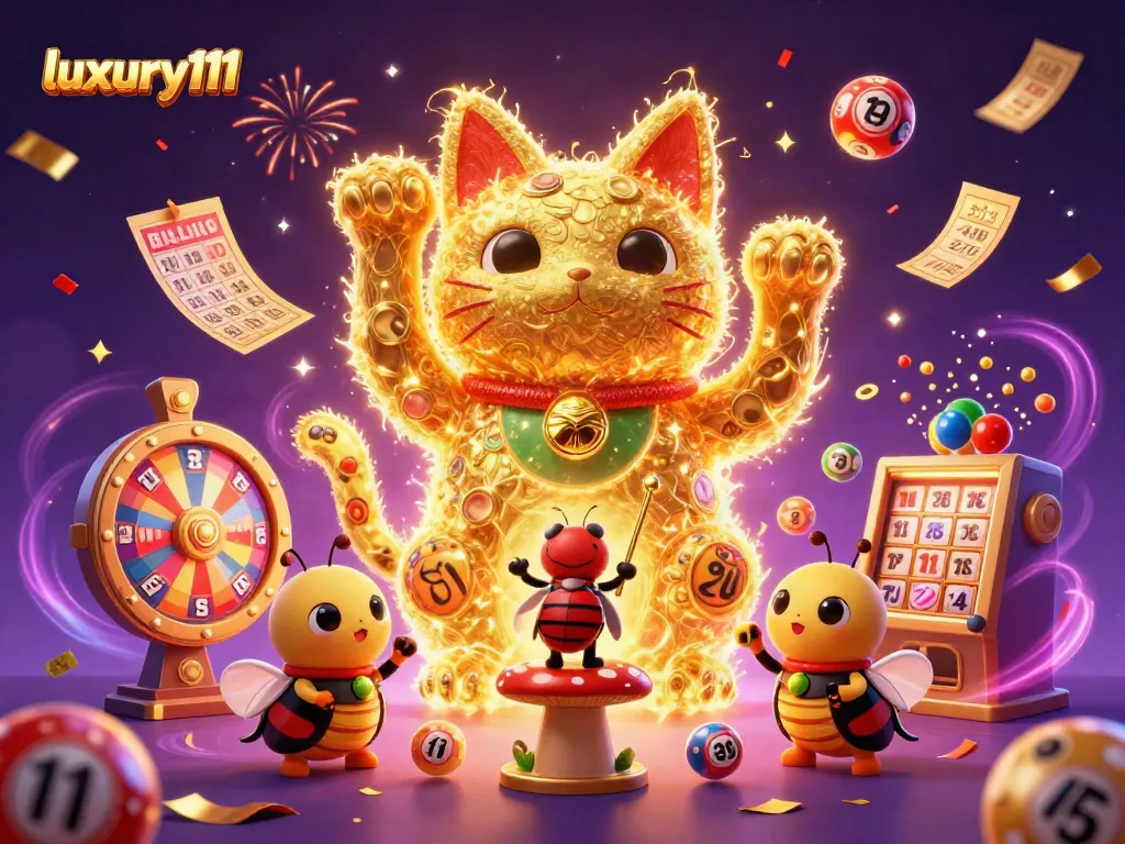 Experience the excitement of luxury111 with a stunning casino illustration featuring a lucky cat and colorful lottery balls.