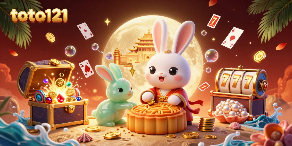 Experience winning excitement with the toto121 moon rabbit illustration featuring slot reels and poker chip mooncakes.