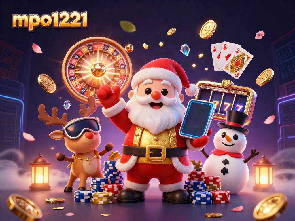 Spin to win at mpo1221 with Santa Claus, reindeer, and a snowman in a vibrant casino scene.