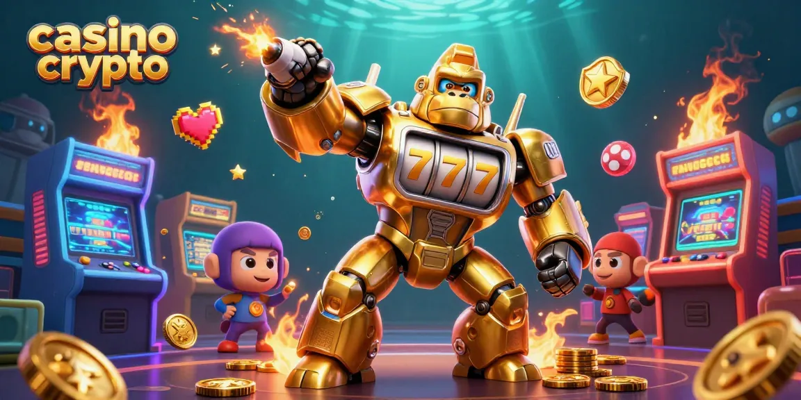 Gana en casino crypto con esta ilustración 3D de un mech gorila actuando en un entorno de juego vibrante.