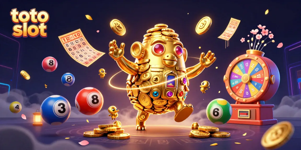 Permainan toto slot menghidupkan momen beruntung dengan bola lotere berwarna-warni dan tiket emas yang melayang.