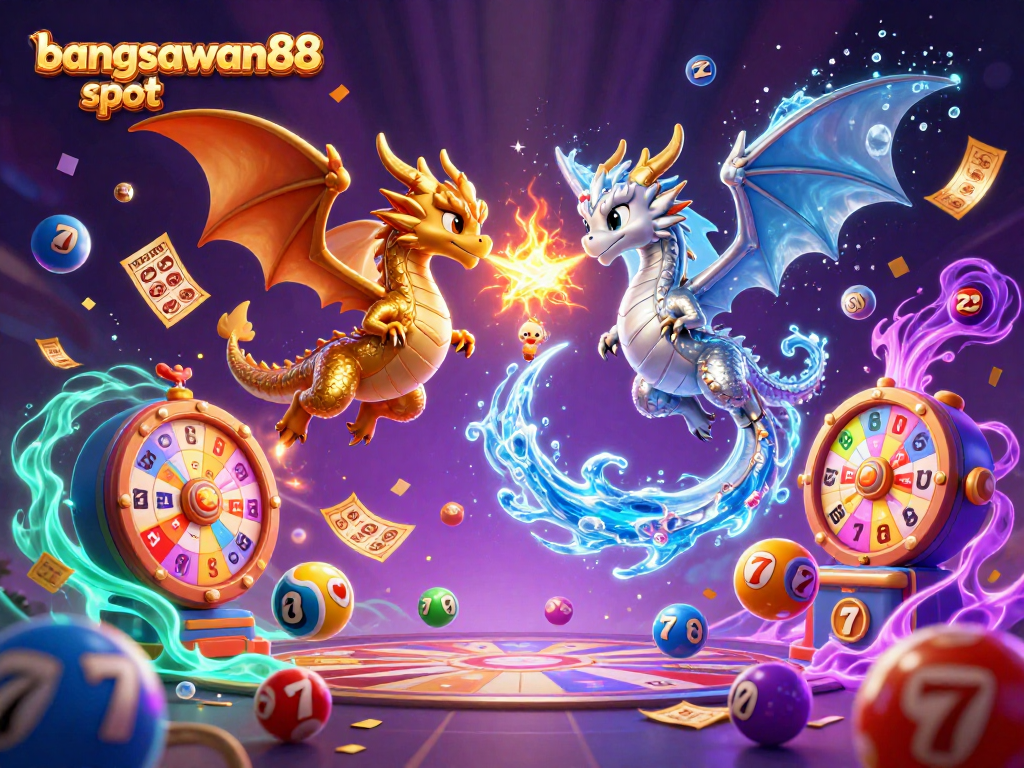 Engage with bangsawan88 slot through an exciting casino illustration featuring dragons and dynamic game elements.