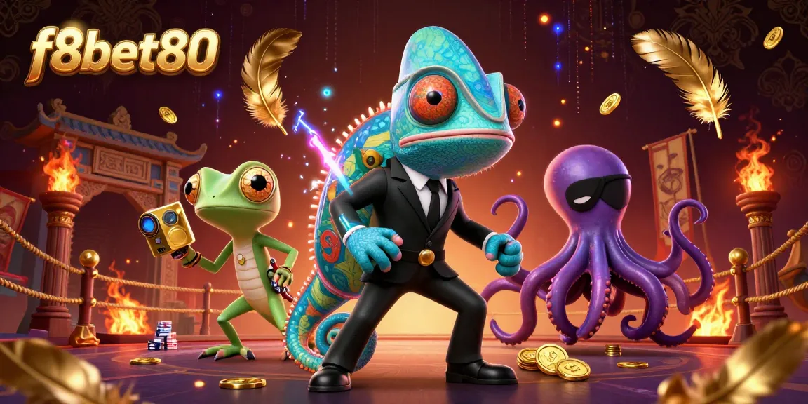 Experience the excitement at f8bet80 with a dynamic scene of casino entertainment featuring colorful characters.