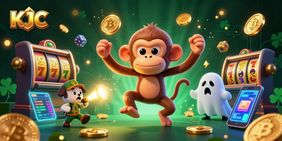 KJC engages players with a lively haunted casino scene featuring a playful poltergeist monkey and ghost-hunter puppy.