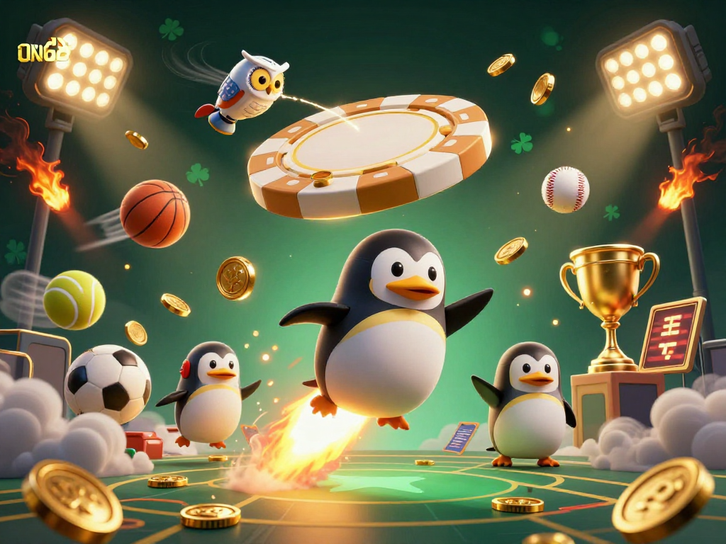 ON68 offers premium gambling experiences, featuring a golden penguin in a cosmic casino adventure.