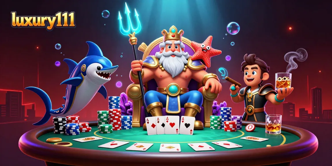 Experience luxury111 with a dynamic 3D scene featuring Neptune, poker elements, and vibrant details.