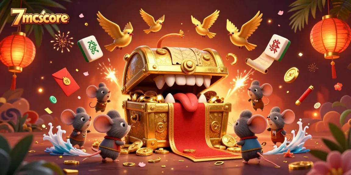 Engage with the thrilling adventure at 7mcnscore featuring a treasure chest and mice in a vivid casino scene.