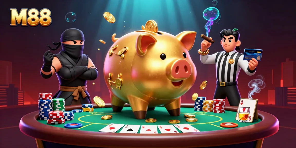 M88 players winning while celebrating with colorful poker chips, coins, and a lively atmosphere.