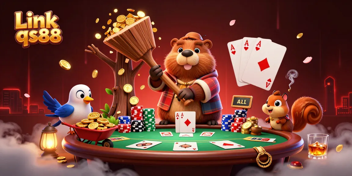 Link qs88 showcases a lively scene with a beaver, bird, and squirrel in a colorful casino environment.