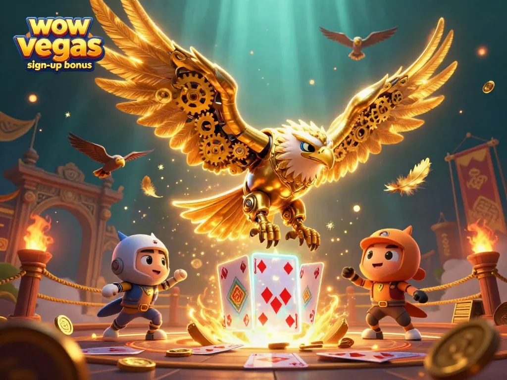 Experience the exciting wow vegas sign-up bonus with a dynamic scene featuring a golden eagle and casino elements.