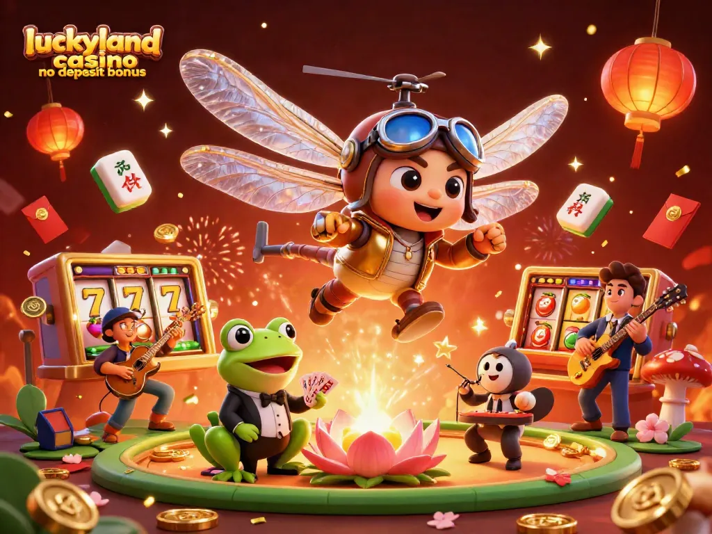 Experience the luckyland casino no deposit bonus with vibrant illustrations of whimsical characters in a fun casino scene.